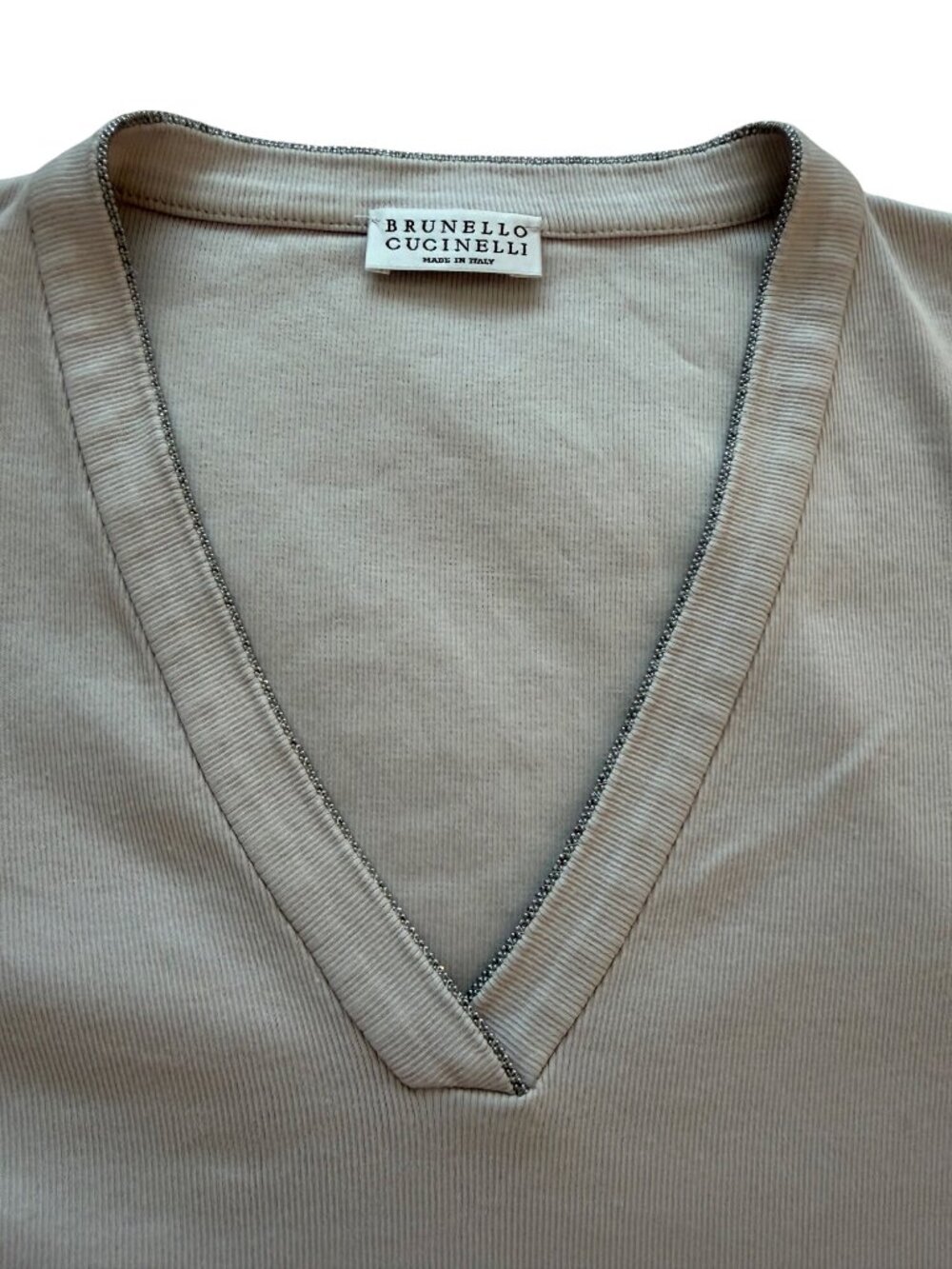Brunello Cucinelli Womens V-Neck Ribbed Fitted Long-sleeve Knit Top Size M Beige